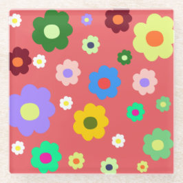 Posavasos De Vidrio Retro Floral de colores caprichosos, alegre, adora
