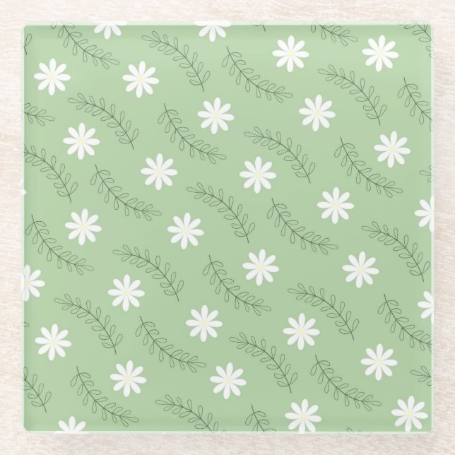 Posavasos De Vidrio Retro Floral Verde Sage caprichoso, alegre (Anverso)