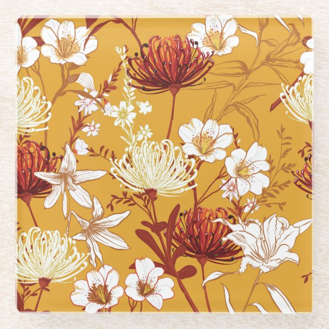 Posavasos De Vidrio Retro Floreciente: Arte De Línea Floral Inconcluso (Anverso)