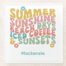 Posavasos De Vidrio Retro Groovy Summer Pink Monograma Nombre