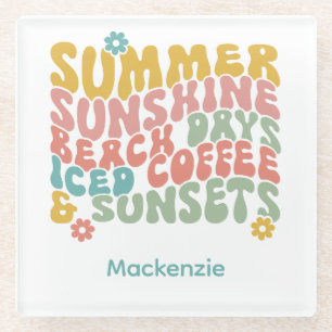 Posavasos De Vidrio Retro Groovy Summer Pink Monograma Nombre