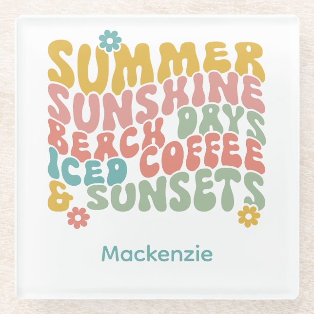 Posavasos De Vidrio Retro Groovy Summer Pink Monograma Nombre (Anverso)