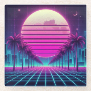 Posavasos De Vidrio retro, luna de neón/palmas de los años 80