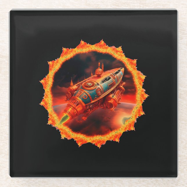 Posavasos De Vidrio Retro Steampunk Moon Rocket (Anverso)