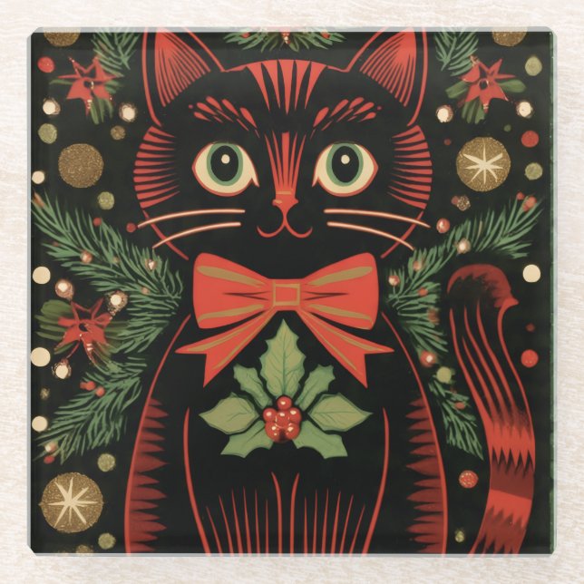 Posavasos De Vidrio RetroXmasCat  (Anverso)
