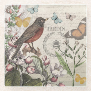 Posavasos De Vidrio Robin Elegant Bird Butterfly Arte Francés