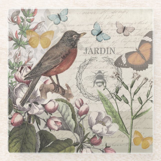 Posavasos De Vidrio Robin Elegant Bird Butterfly Arte Francés (Anverso)