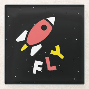 Posavasos De Vidrio Rocket - Arte pop abstracto rojo y amarillo. ¡FLY!