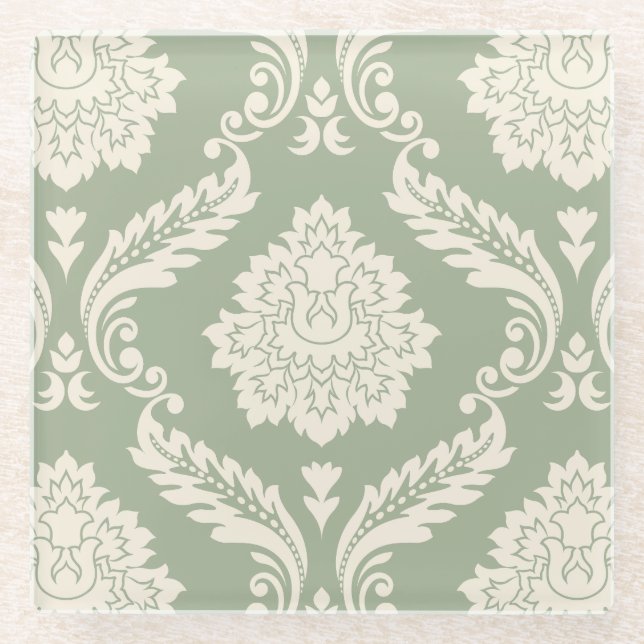 Posavasos De Vidrio Rococo Damask Lg Pattern Cream on Green (Anverso)