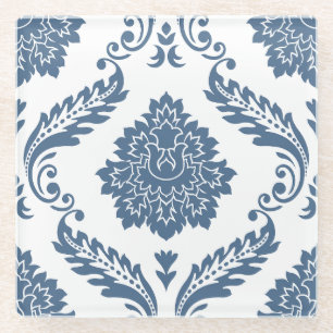 Posavasos De Vidrio Rococo Damask Patrón Grande Azul sobre Blanco