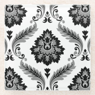 Posavasos De Vidrio Rococo Damask Patrón Grande Gris Negro Blanco