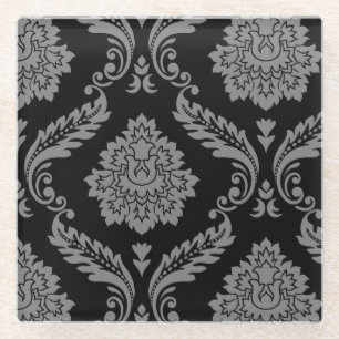 Posavasos De Vidrio Rococó Estampado Damask Desplazado Gris sobre Negr