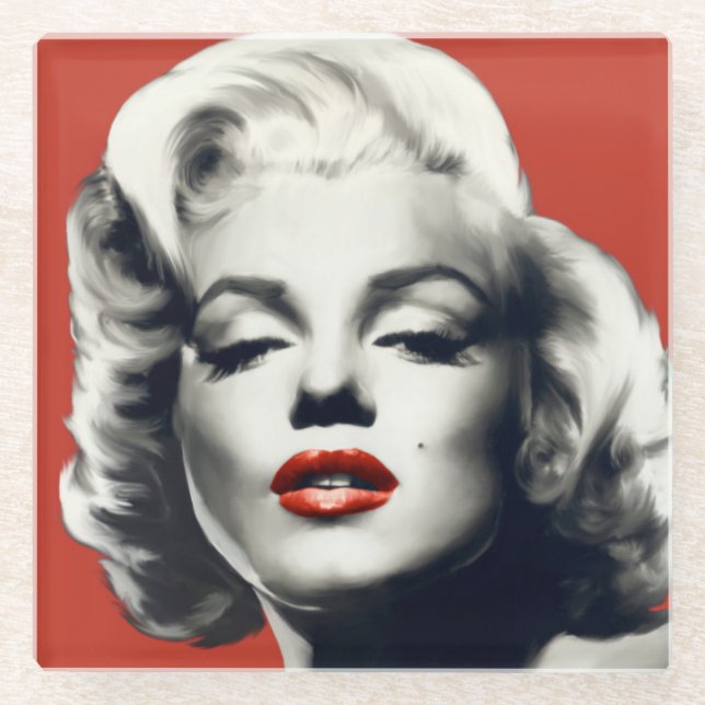 Posavasos De Vidrio Rojo en los labios rojos Marilyn (Anverso)
