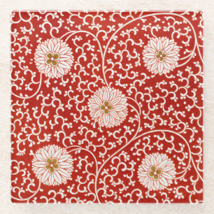 Posavasos De Vidrio Rojo Floral Vibrante Ornate Patrón Clásico