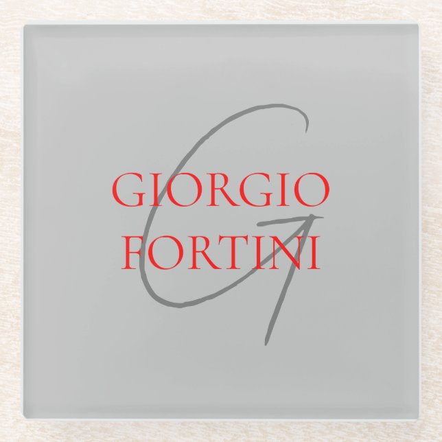 Posavasos De Vidrio Rojo gris su nombre Monograma inicial moderno (Anverso)