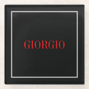 Posavasos De Vidrio Rojo negro tu nombre Minimalista personal moderno