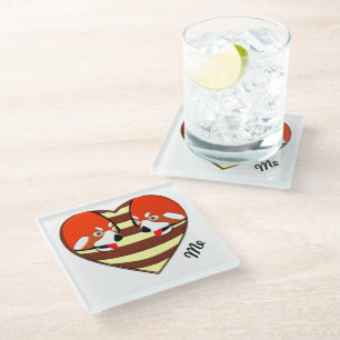 Posavasos De Vidrio Rojo Panda, corazón de amor