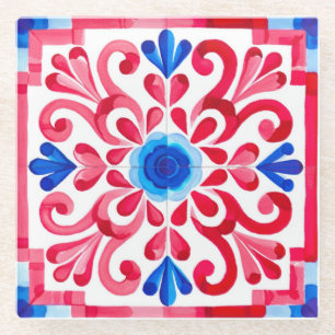 Posavasos De Vidrio Rojo y Azul Floral Tradicional Mexicano Talavera