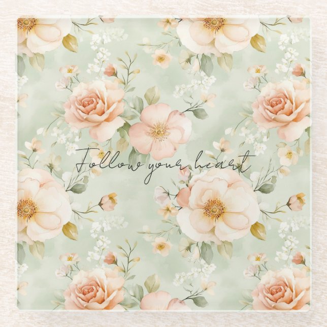Posavasos De Vidrio Romantic Peach Mint Roses Floral (Anverso)