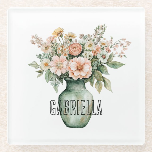 Posavasos De Vidrio Romantic Peach Mint Roses Floral Vase (Anverso)