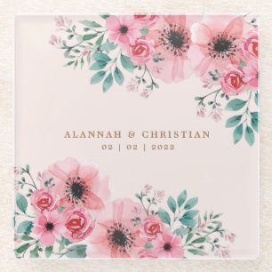 Posavasos De Vidrio Romántico Boda floral color de agua rosa y verde