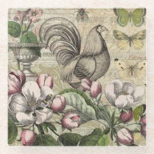 Posavasos De Vidrio Rooster Garden Flower Butfly Art