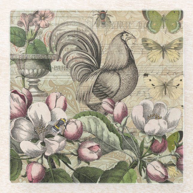 Posavasos De Vidrio Rooster Garden Flower Butfly Art (Anverso)