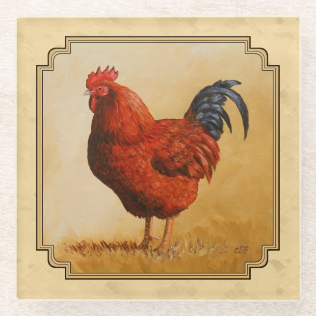 Posavasos De Vidrio Rooster Rojo de Rhode Island Fondo Amarillo (Anverso)