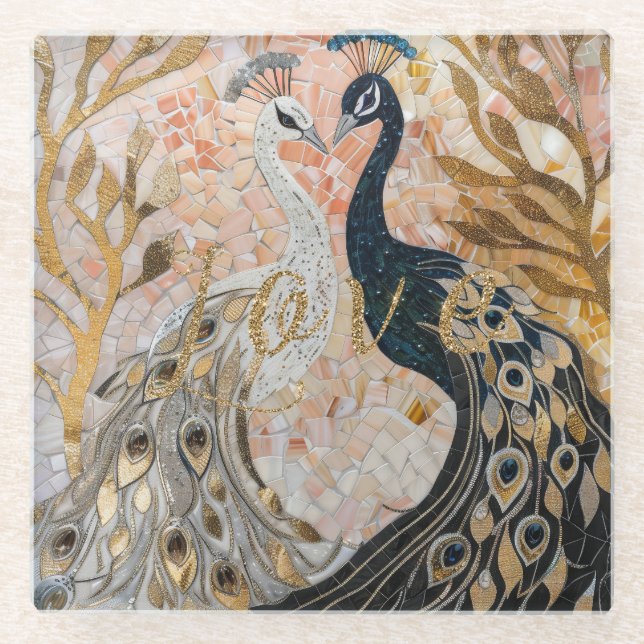 Posavasos De Vidrio Rosa Amor de Brillo Dorado de Pavos Reales  (Anverso)