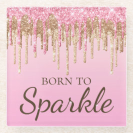 Posavasos De Vidrio Rosa Claro y Oro Goteando Glitter Nacida Para Bril