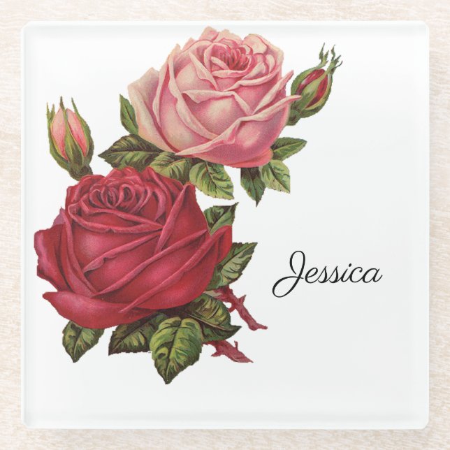 Posavasos De Vidrio Rosa de época con nombre (Anverso)