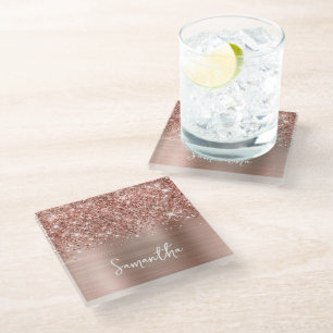 Posavasos De Vidrio Rosa Dorado Brillante Glam Nombre