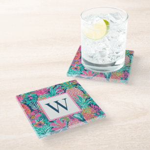 Posavasos De Vidrio Rosa Elegante Azul Marino Teal Piña Monograma
