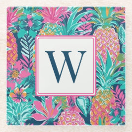 Posavasos De Vidrio Rosa Elegante Azul Marino Teal Piña Monograma