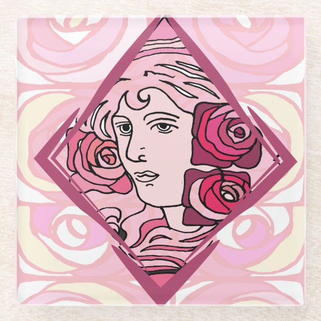 Posavasos De Vidrio Rosa elegante de Art Nouveau (Anverso)