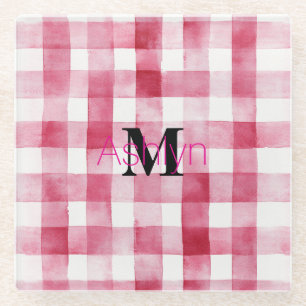 Posavasos De Vidrio Rosa femenino Cuadrillé Rayas Monograma Blanco 