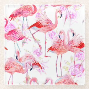 Posavasos De Vidrio Rosa Flamingo: Floral de aves acuáticas