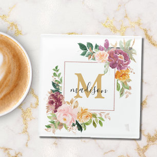 Posavasos De Vidrio Rosa floral botánica elegante de acuarela con mono