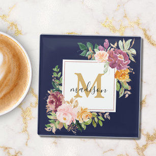 Posavasos De Vidrio Rosa Floral Botánica Elegante de Acuarela con Mono