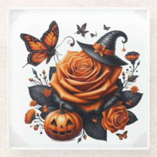 Posavasos De Vidrio Rosa naranja de Halloween sombrero de bruja calaba