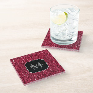 Posavasos De Vidrio Rosa oscuro rojo magenta monograma de destellos fa