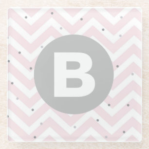 Posavasos De Vidrio Rosa Pastel Chevron y Monograma Gris de Puntos