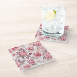Posavasos De Vidrio Rosa Peonía Rosa Acuarela Jardín Floral
