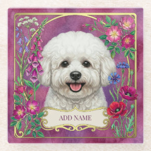 Posavasos de vidrio rosa personalizado Bichon Fris