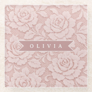 Posavasos De Vidrio Rosa personalizado de encaje floral romántico