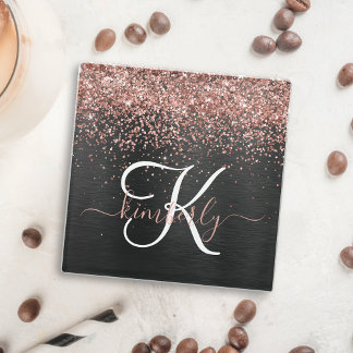 Posavasos De Vidrio Rosa personalizado Purpurina de oro Monograma de e