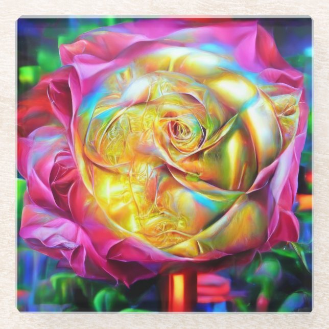 Posavasos De Vidrio Rosa psicodélico arcoiris (Anverso)