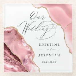 Posavasos De Vidrio Rosa Purpurina de oro Black Script Boda de lujo