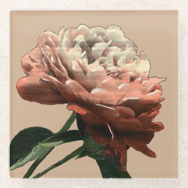 Posavasos De Vidrio Rosa roja de rubí con acentos blancos (Anverso)