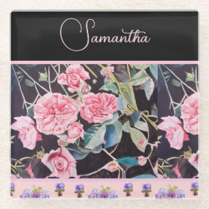 Posavasos De Vidrio Rosa Rosa Pink Watercolor Vintage Personalizable